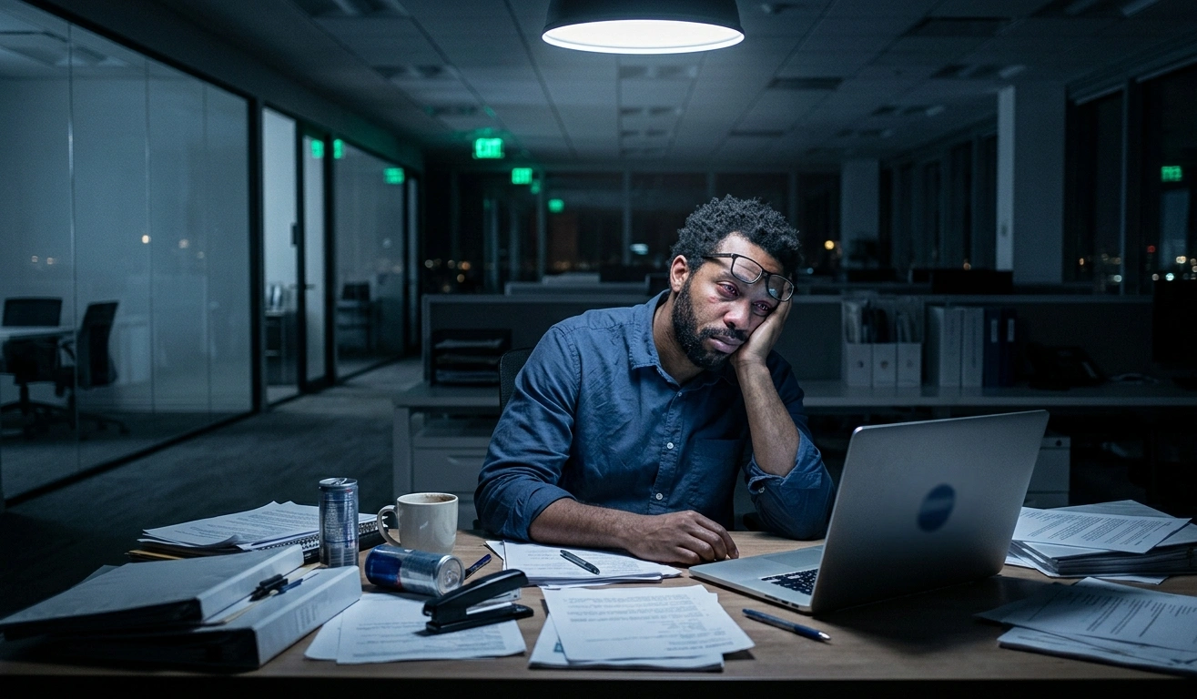 Employee showing classic signs of workplace burnout.